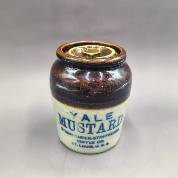 Antique Stoneware Crock Jar Yale Mustard by Steinwender-Stoffregen Coffee w/ Lid